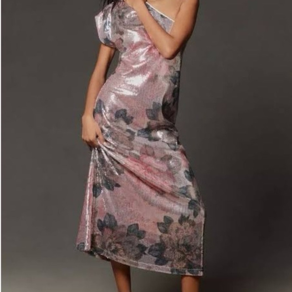 Anthro Sequin Floral One-Shoulder Midi Dress - Pink